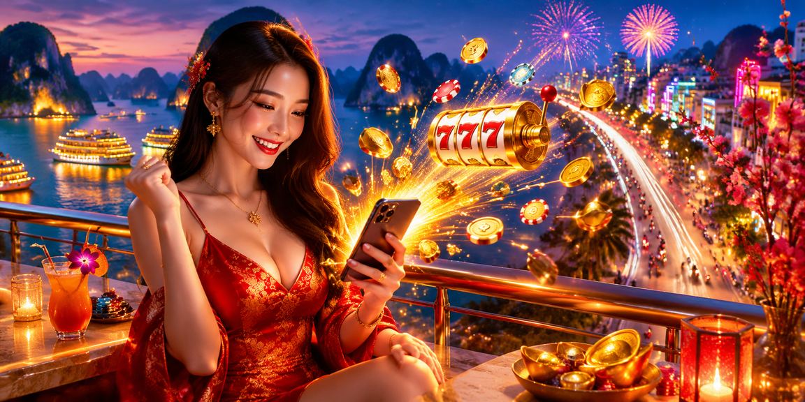 Giao diện slot game neon đầy màu sắc lấy cảm hứng từ Vịnh Hạ Long trên ob53